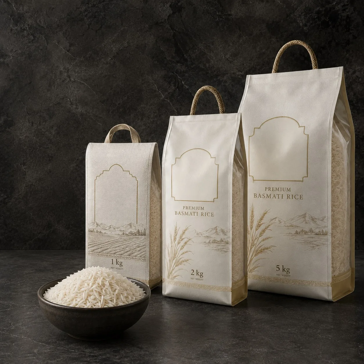 Premium Pakistani Basmati rice retail bags in 1 kg, 2 kg, and 5 kg sizes