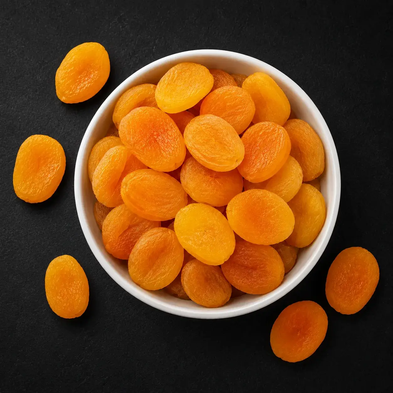 Top view of Turkish golden dried apricots in a bowl