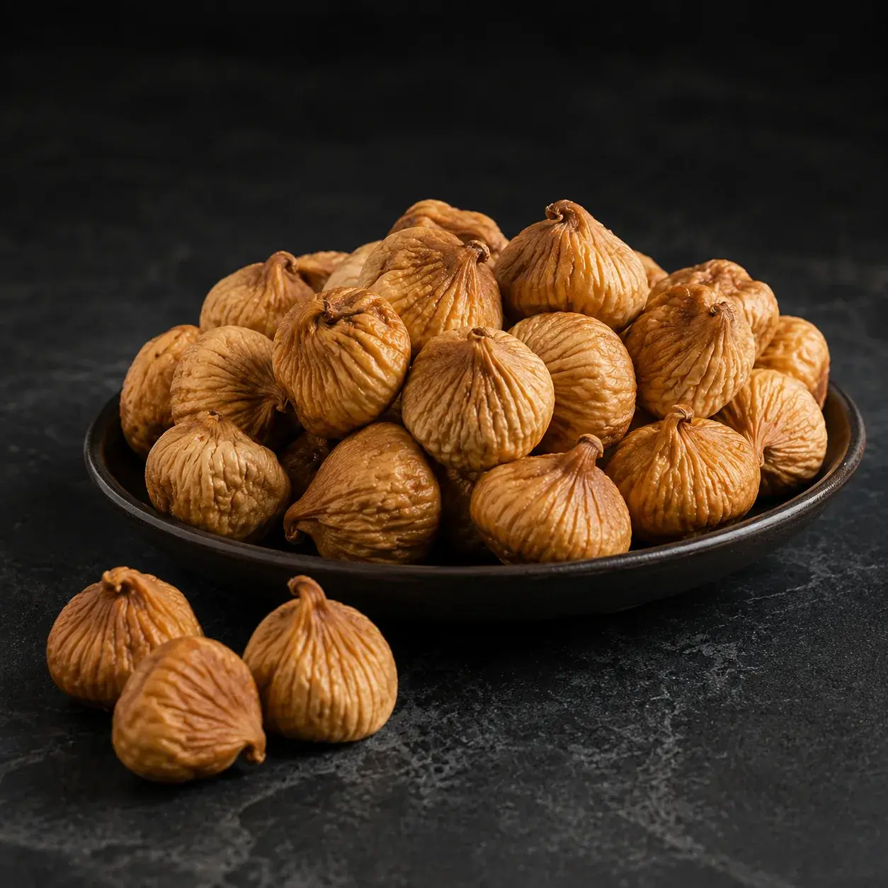 Natural whole Turkish dried figs in a dark bowl
