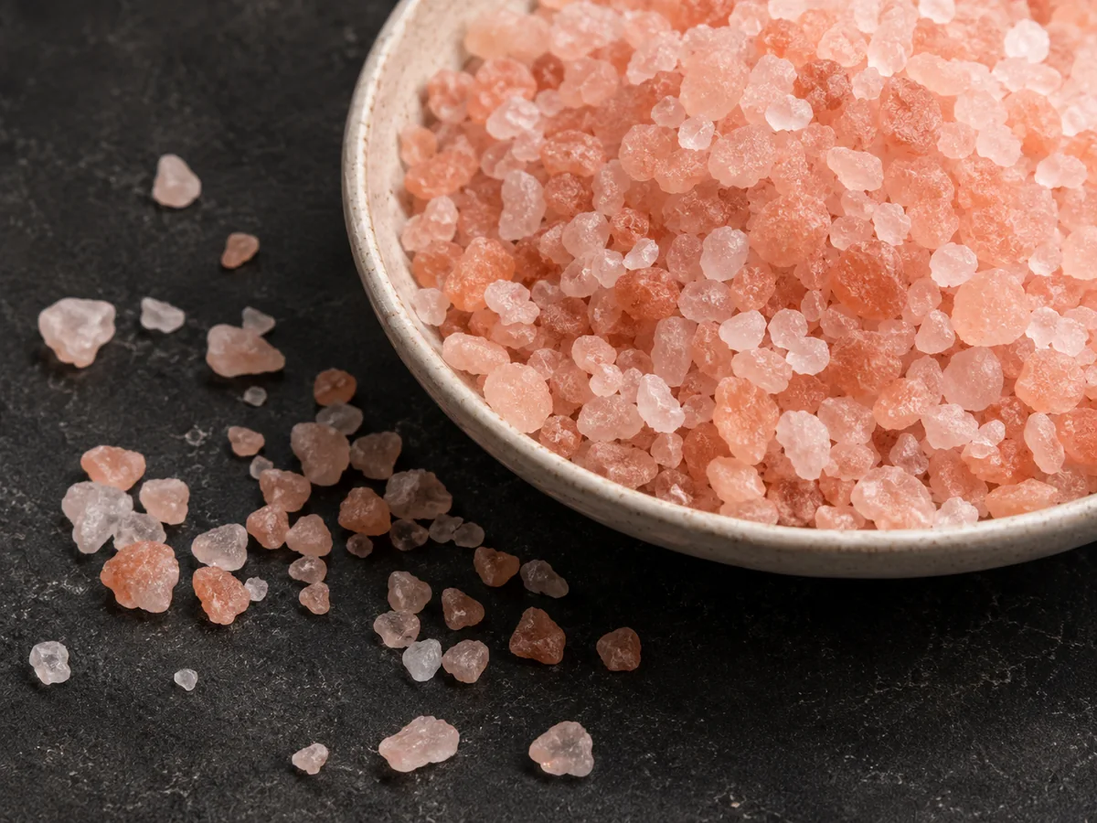 Food-grade Himalayan pink salt crystals with a wooden spoon